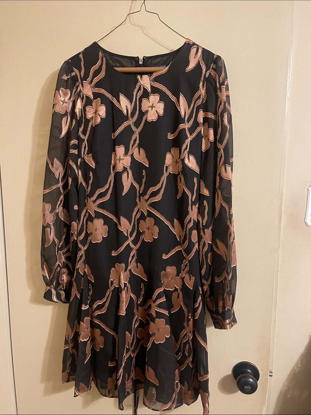 Tommy Hilfiger Black Long-Sleeve Dress with Rose Metallic Floral Embroidery